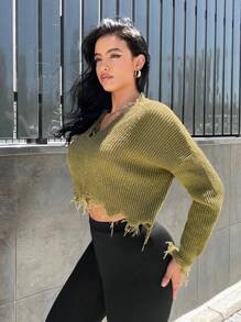 SHEIN SXY 落肩袖仿舊短款毛衣 - 軍綠色 - 查看 5