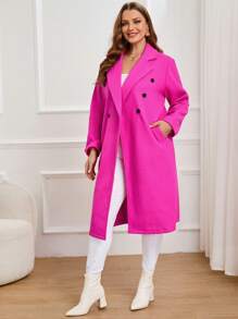 SHEIN Privé Plus Lapel Neck Double Breasted Overcoat - Hot Pink - View 5