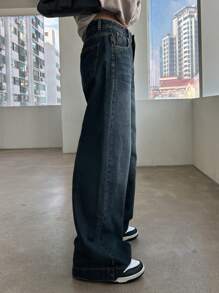 DAZY 纯色阔腿牛仔裤、宽松牛仔裤 - 深色水洗藍 - 查看 7