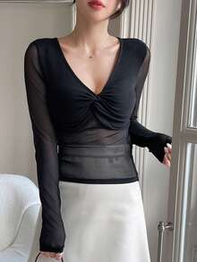 DAZY Mặt trước xoắn Lưới Áo - màu đen - Xem 3