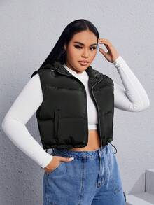 SHEIN EZwear Áo khoác đệm có khóa kéo viền rút Plus không có áo phông - màu đen - Xem 4