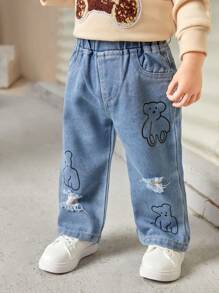 女嬰卡通圖案破洞直筒牛仔褲 - 淺色水洗藍 - 查看 1