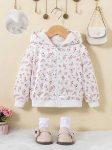 SHEIN Baby Girl Ditsy Floral Print Zip Up Teddy Lined Hooded Jacket - Multicolor - View 1
