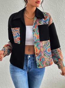 SHEIN LUNE 佩斯利印花落肩袖口袋貼布夾克 - 彩色 - 查看 4