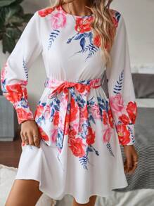 SHEIN Clasi 印花繫腰帶洋裝 - 白色 - 查看 1