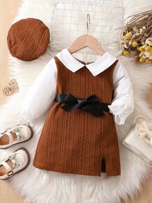 SHEIN Baby Girl Two Tone Flounce Sleeve Split Hem Dress & Hat - Brown - View 1