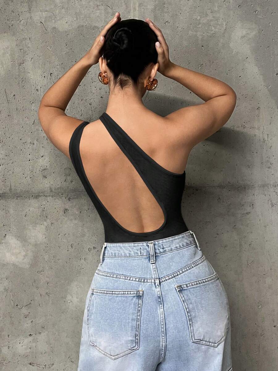 SHEIN ICON Body de un hombro de espalda abierta con abertura tejido de canalé