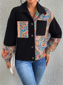 SHEIN LUNE 佩斯利印花落肩袖口袋貼布夾克 - 彩色 - 查看 5