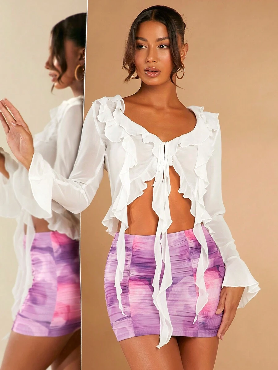 SHEIN BAE Ruffle Trim Flare Sleeve Knot Front Crop Blouse - White - View 1