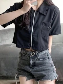 純色拉鍊短款襯衫 - 黑色 - 查看 3