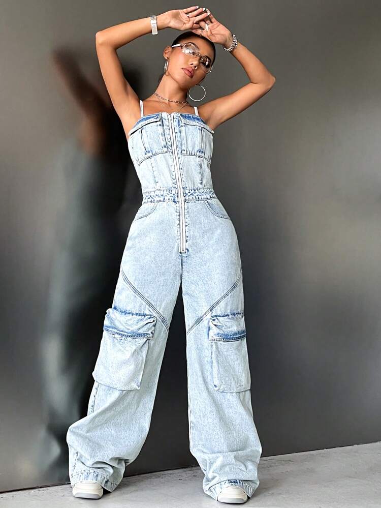 Zip Up Flap Pocket Side Cami Denim Jumpsuit
