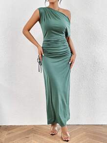 Chiquease Cổ không đối xứng Viền ven Đầm - màu xanh lá - Xem 6