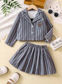 SHEIN 女小童吊帶上衣&條紋印花半身裙&字母補丁細節夾克 - 彩色 - 查看 3