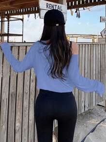 DAZY 纯色船领短款长袖T恤女款 - 藍色 - 查看 2