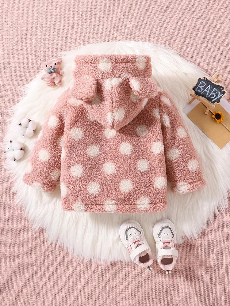 Baby Girl Polka Dot Pattern 3D Ears Design Hooded Teddy Coat