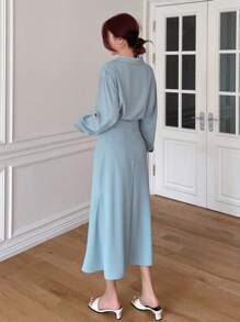 DAZY Thả vai Áo sơ mi & Cao eo Váy - Màu xanh lam - Xem 2