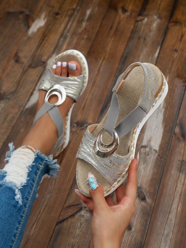 女式厚底坡跟凉鞋，大扣，夏季新款 - 灰色 - 查看 5