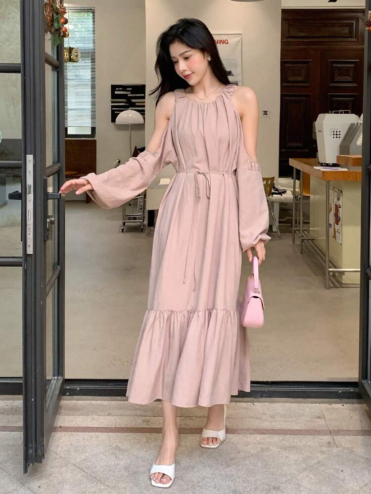 Cold Shoulder Ruffle Hem Belted Dress Sundress,Fall Clothes Long Sleeve Dress Maxi Dress