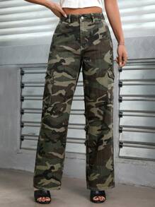 SHEIN PETITE Camo Print Flap Pocket Cargo Jeans - Multicolor - View 1