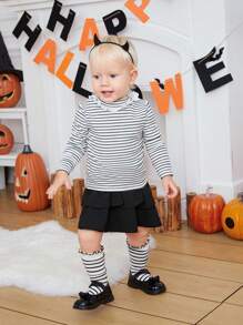 SHEIN 女嬰條紋印花荷葉邊T恤 - 黑與白 - 查看 5