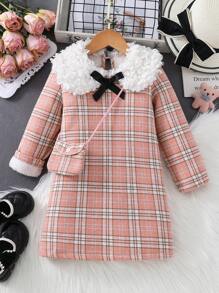 SHEIN Young Girl Plaid Print Borg Collar Bow Front Dress With Bag - Pink - View 1