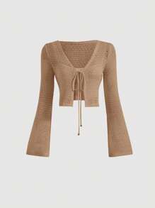 SHEIN MOD Tie Front Trumpet Sleeve Crop Top - Brown - View 1