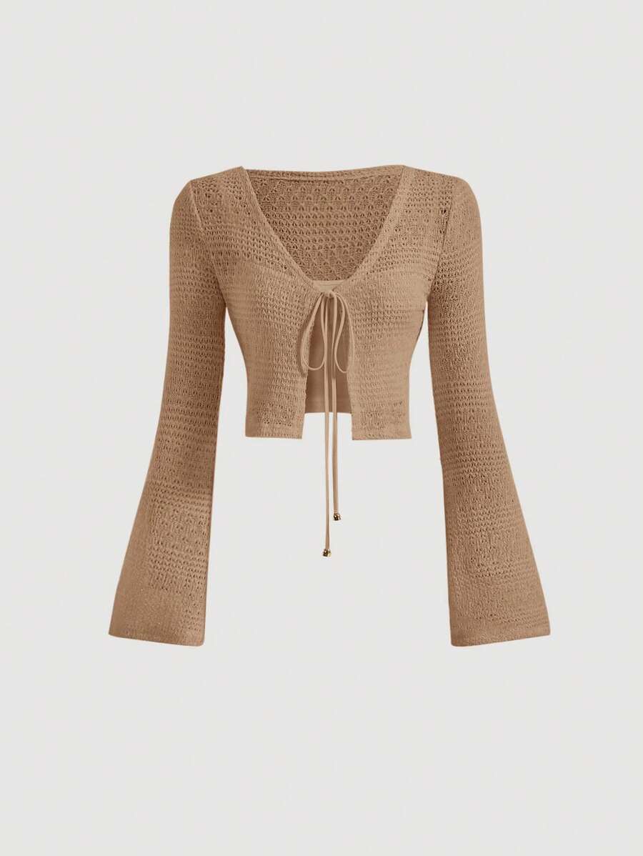 SHEIN MOD Tie Front Trumpet Sleeve Crop Top - Brown - View 1