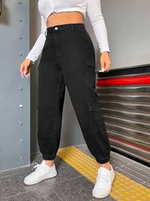 SHEIN ICON Hơn Cao eo Túi nắp bên cạnh Quần jean chở hàng - màu đen - Xem 1