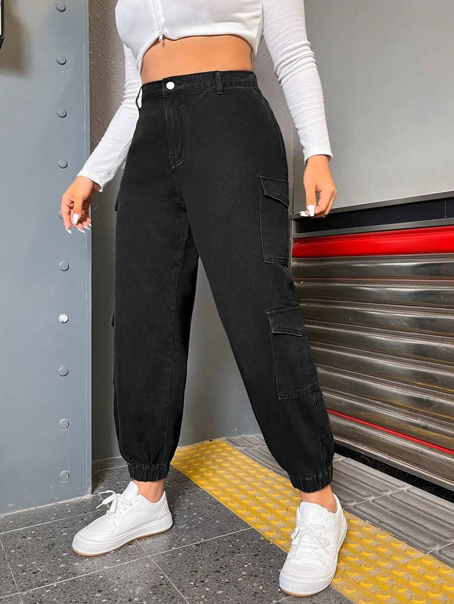 SHEIN ICON Hơn Cao eo Túi nắp bên cạnh Quần jean chở hàng - màu đen - Xem 1