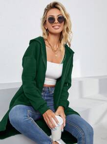 INAWLY Zip Up Drop Shoulder Drawstring Thermal Lined Hoodie - Green - View 4