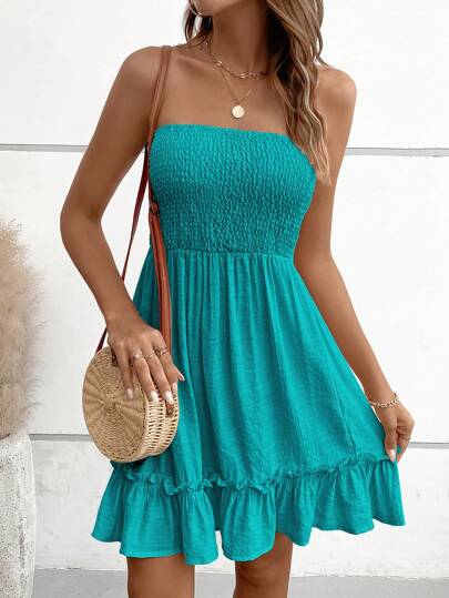 Breezaya Solid Ruffle Hem Tube Dress Vacation Beach Outfits Women