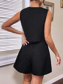 SHEIN Privé Solid Button Front Vest Blazer & Pleated Skirt - Black - View 2