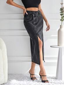 RueChic High Waist Split Thigh Denim Skirt - Black - View 5