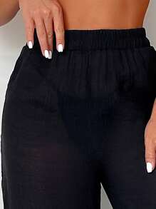 Swim Vcay 素色透視網紗罩衫長褲 - 黑色 - 查看 6