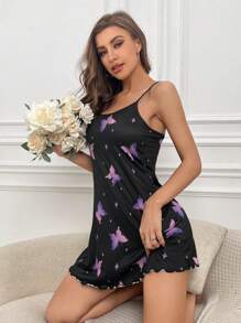 Butterfly Print Lettuce Trim Cami Pajama Nightdress - Black - View 4