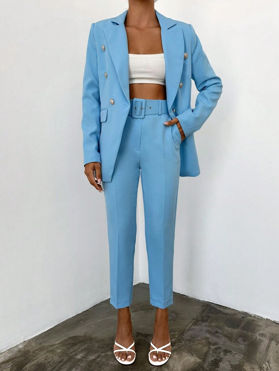 EURMUSE Women's Metallic Button Color Block Notched Lapel Long Sleeve Suit Jacket And Pants Set - Blue - View 1
