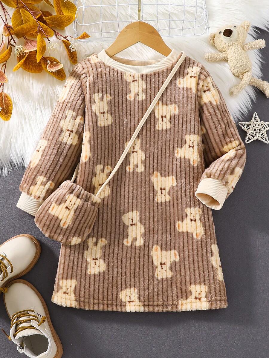 SHEIN 少女2入組式秋冬裝，包括別緻熊包和優雅時尚休閒風格卡其色和棕色圓領長袖連身裙 - 卡其色 - 查看 1