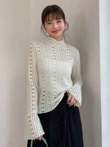 Áo thun tay loe cổ bẻ tay dài mỏng nhẹ dành cho nữ, Quần áo nữ mùa thu - Màu be - Xem 3