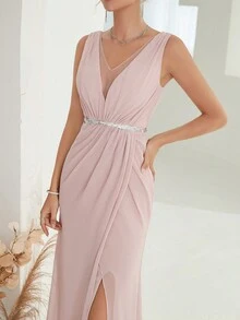Deep V-Neck Silver Sequin Belt Pleated Chiffon High Slit Maxi Party Dress - Pink - View 5