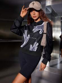 SHEIN Unity Hand Print Drop Shoulder Hoodie - Black - View 1