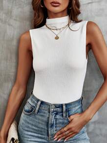 SHEIN LUNE Mock Neck Ribbed Knit Tank Top - White - View 1