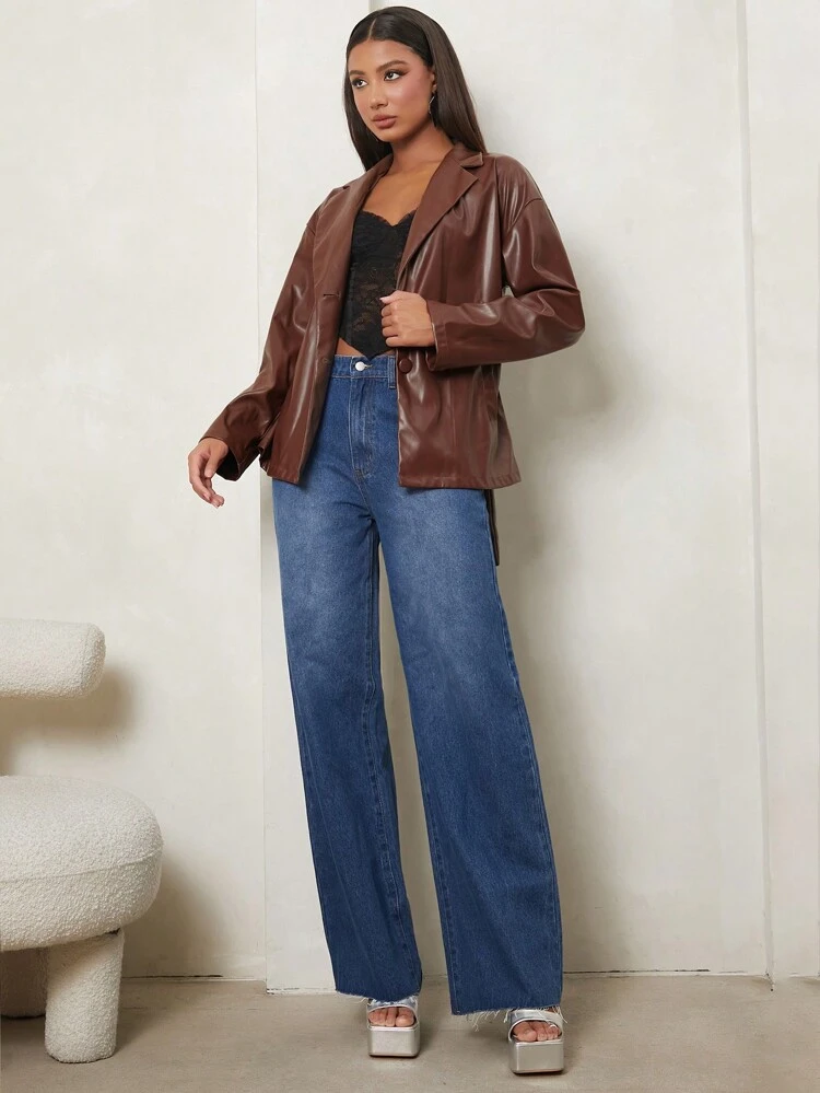 Lapel Neck PU Leather Coat