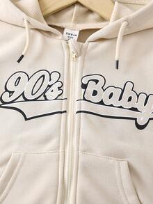 SHEIN Young Girl Letter Graphic Zip Up Drop Shoulder Drawstring Hoodie & Shorts - Khaki - View 6