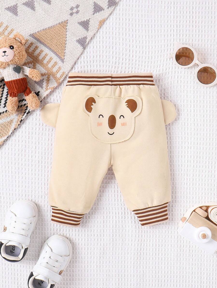SHEIN Baby Boy Cartoon Embroidery 3D Ear Design Striped Trim Pants - Apricot - View 1