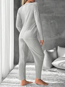 EURMUSE Letter Graphic Drop Shoulder Tee & Pants Lounge Set - Light Grey - View 2