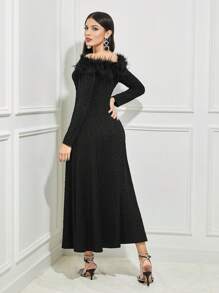Modelyn Off Shoulder Fuzzy Trim Glitter Dress Without Belt - Black - View 2