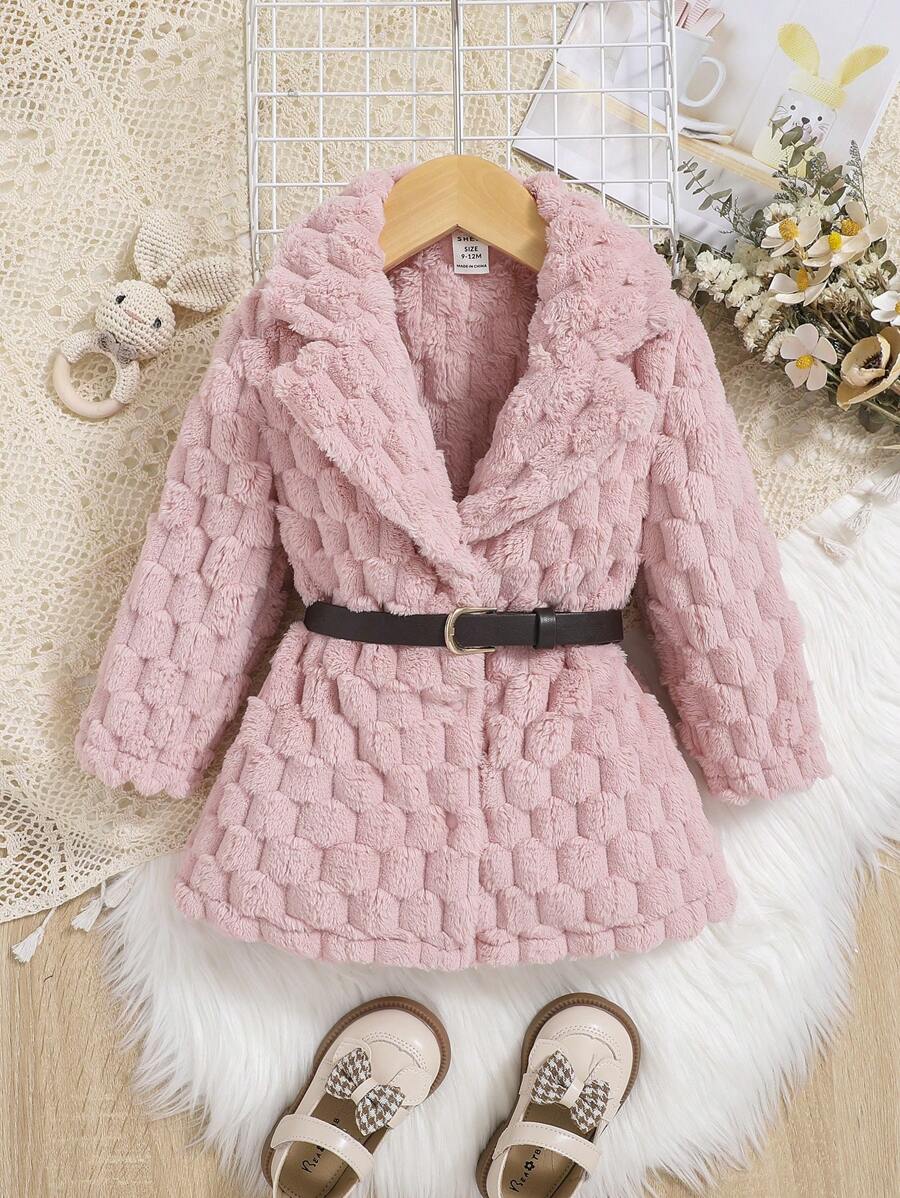 SHEIN 女嬰素色絨毛外套不附腰帶 - 淺粉色 - 查看 1