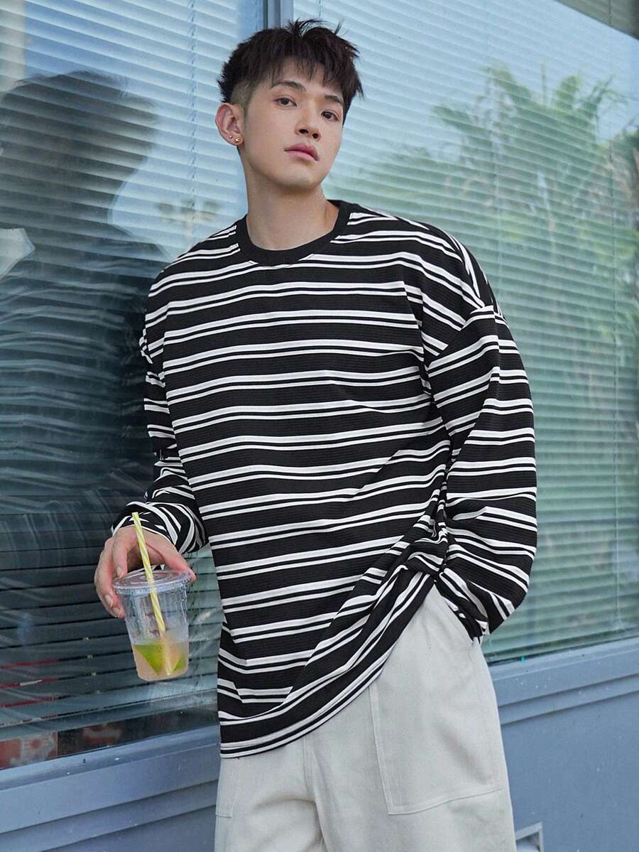 DAZY Men Striped Print Drop Shoulder Tee - Black and White - View 1