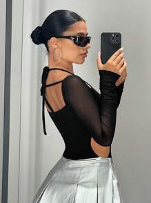 SHEIN ICON 黑色露背連身衣，綁帶開叉設計 - 黑色 - 查看 2