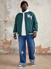 Manfinity VCAY Loose Fit Plus Size Men's Letter Patched Stripe Trim Jacket, For Fall Winter - Green - View 4